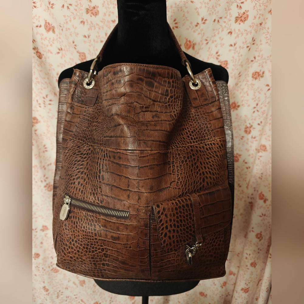 Prüne Brown Leather Shopper Large Croc Embossed New